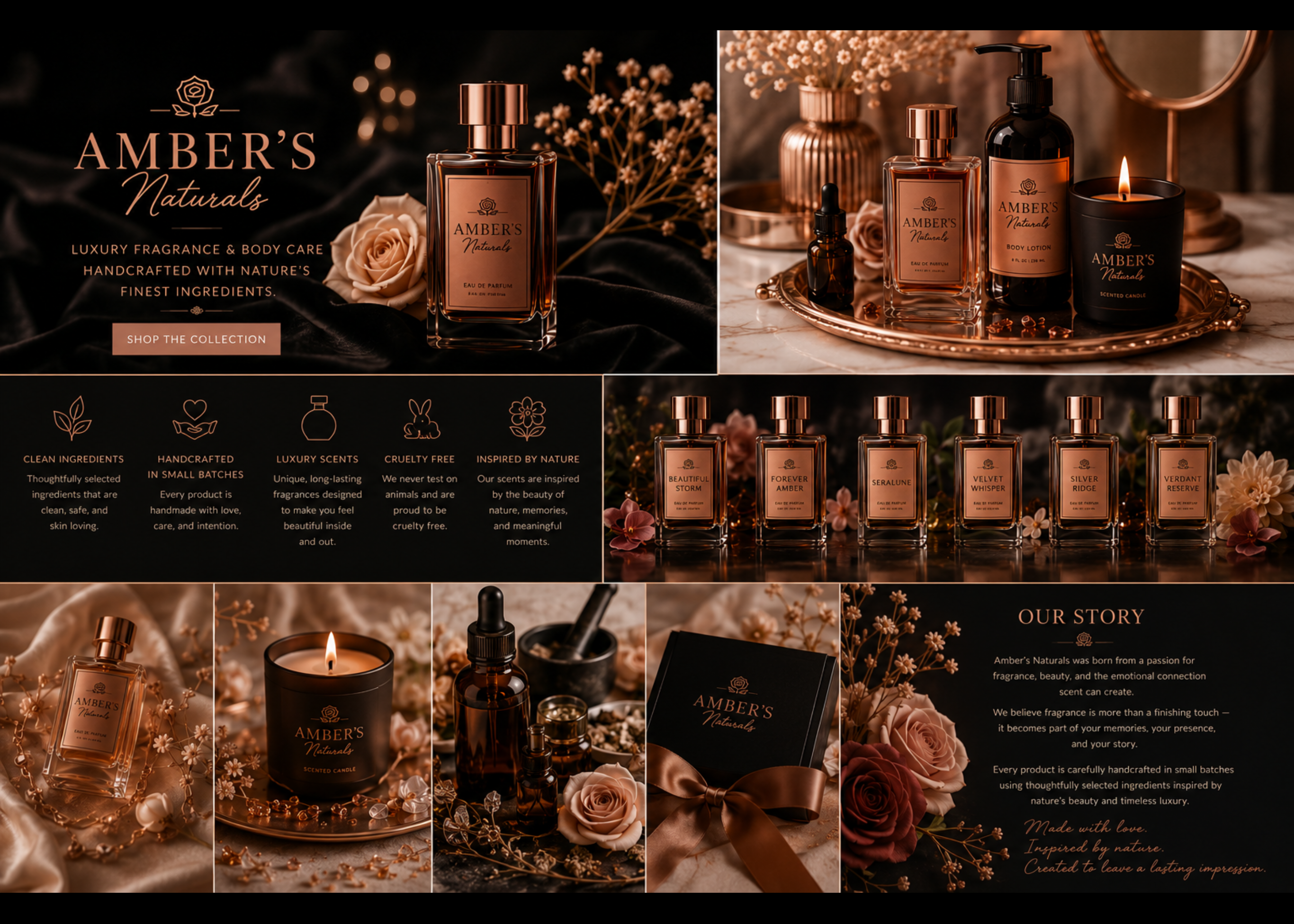 Collage of Amber's Naturals products including bottles, candles, and packaging on a dark background.