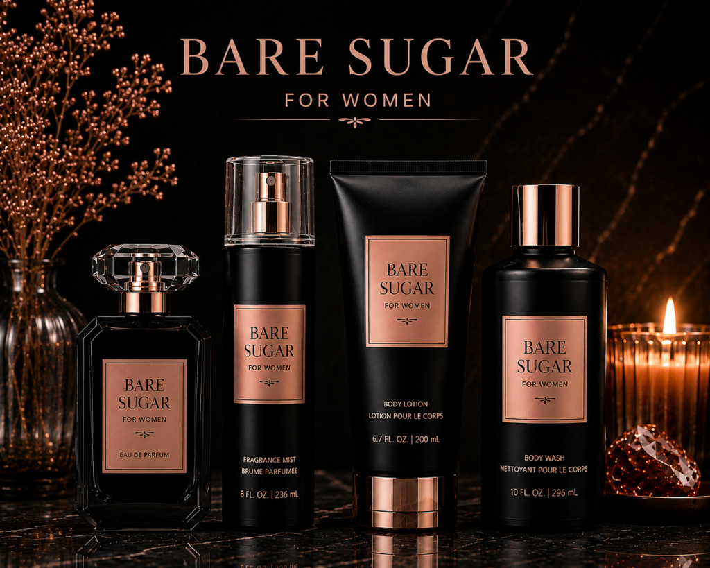 Bare Sugar perfume and body lotion set with decorative elements on a dark background