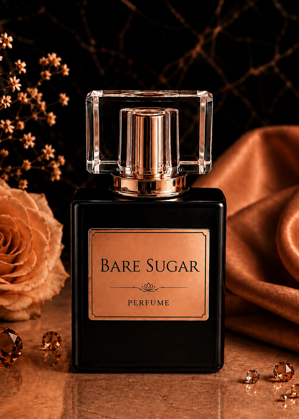 Perfume bottle labeled 'Bare Sugar' with decorative elements on a dark background