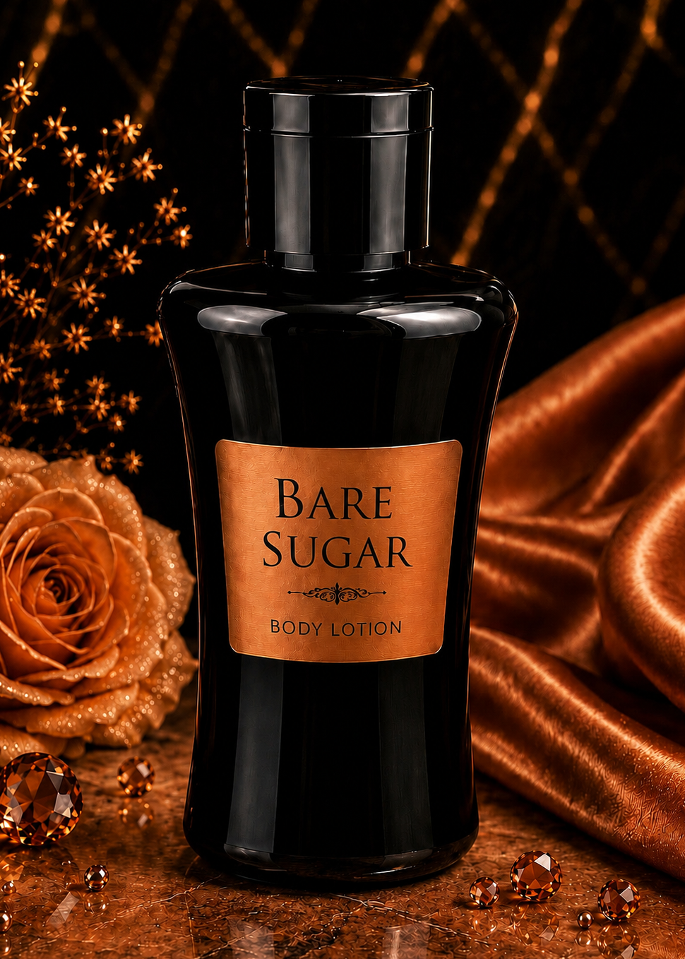 Bottle of Bare Sugar body lotion with a rose and decorative elements on a dark background