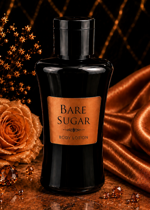 Bottle of Bare Sugar body lotion with a rose and decorative elements on a dark background