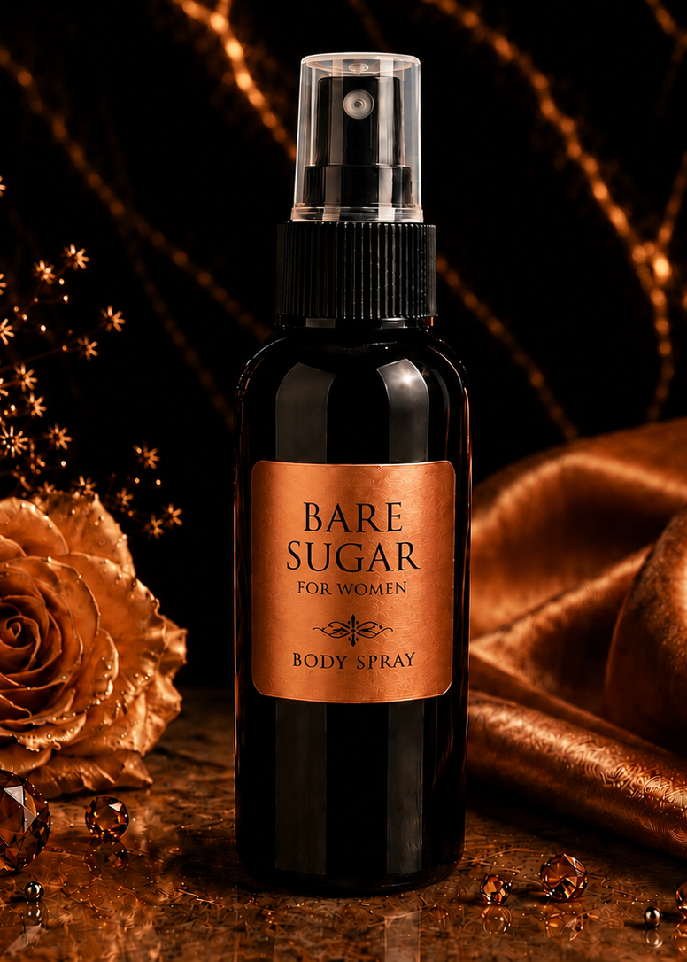 Bottle of Bare Sugar body spray with a rose and draped fabric on a dark background