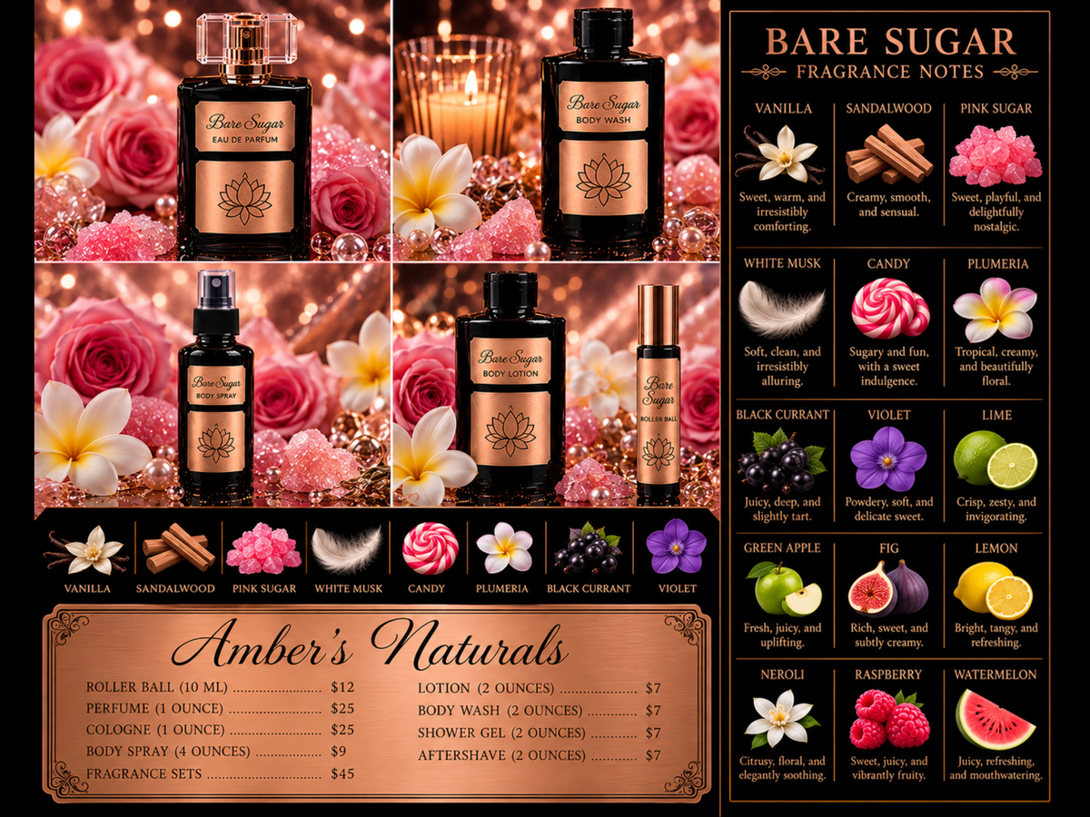 Promotional collage for Amber's Naturals Bare Sugar fragrance collection featuring perfume and body spray bottles, floral accents, scent notes, and product pricing.