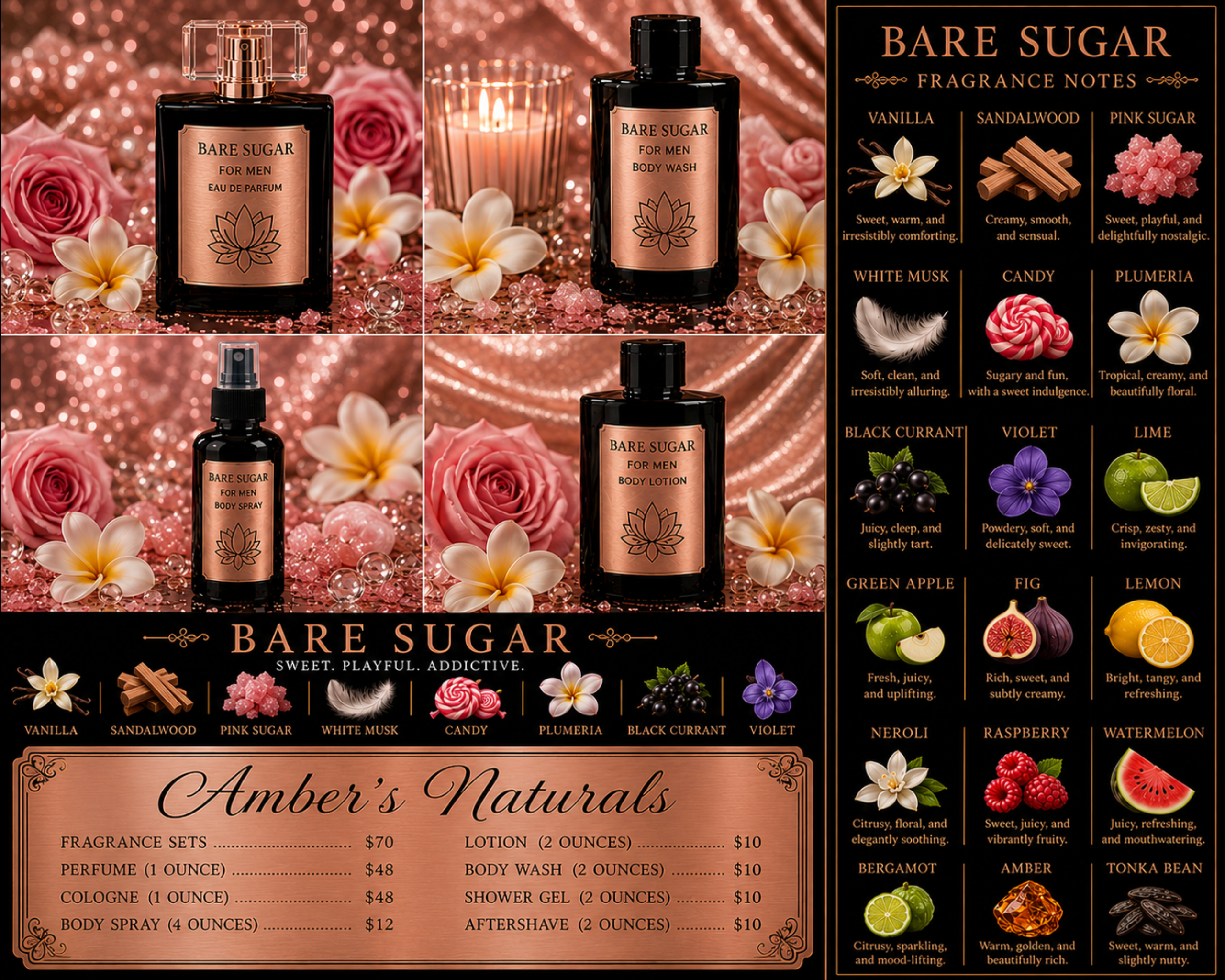 Collage of Bare Sugar fragrance products with product images and fragrance notes on a decorative background.