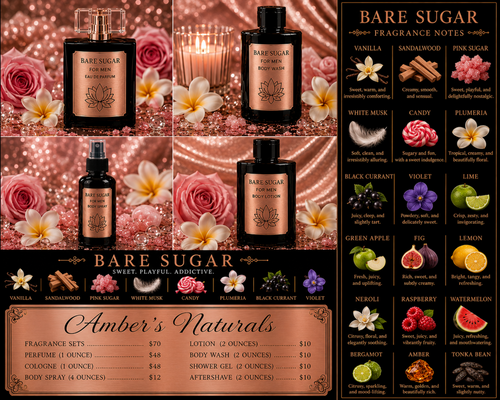 Collage of Bare Sugar fragrance products with product images and fragrance notes on a decorative background.