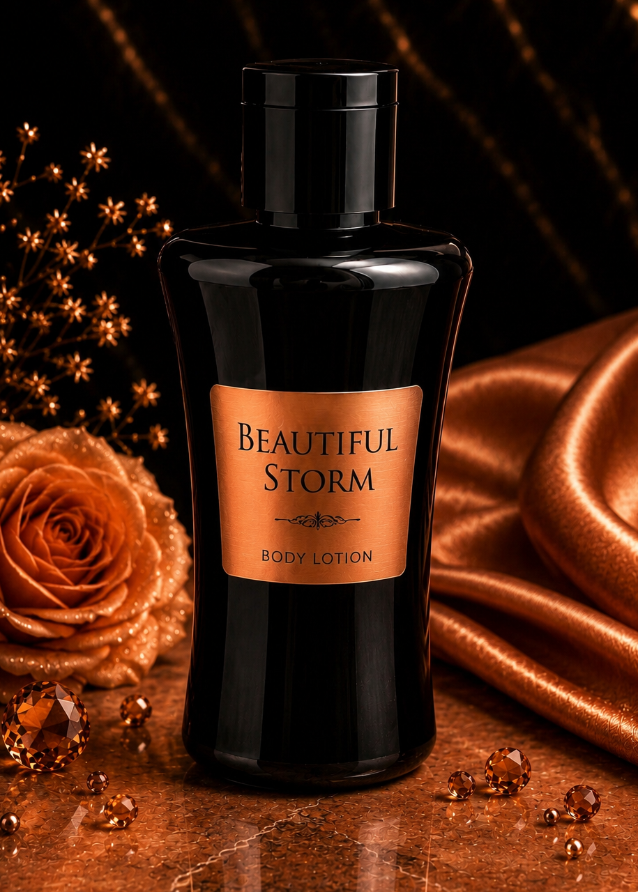 Body lotion bottle labeled 'Beautiful Storm' with decorative elements on a dark background