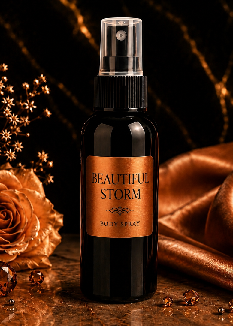 Bottle of 'Beautiful Storm' body spray with a rose and satin fabric on a dark background