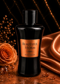 Body wash bottle labeled 'Beautiful Storm' with decorative elements on a dark background