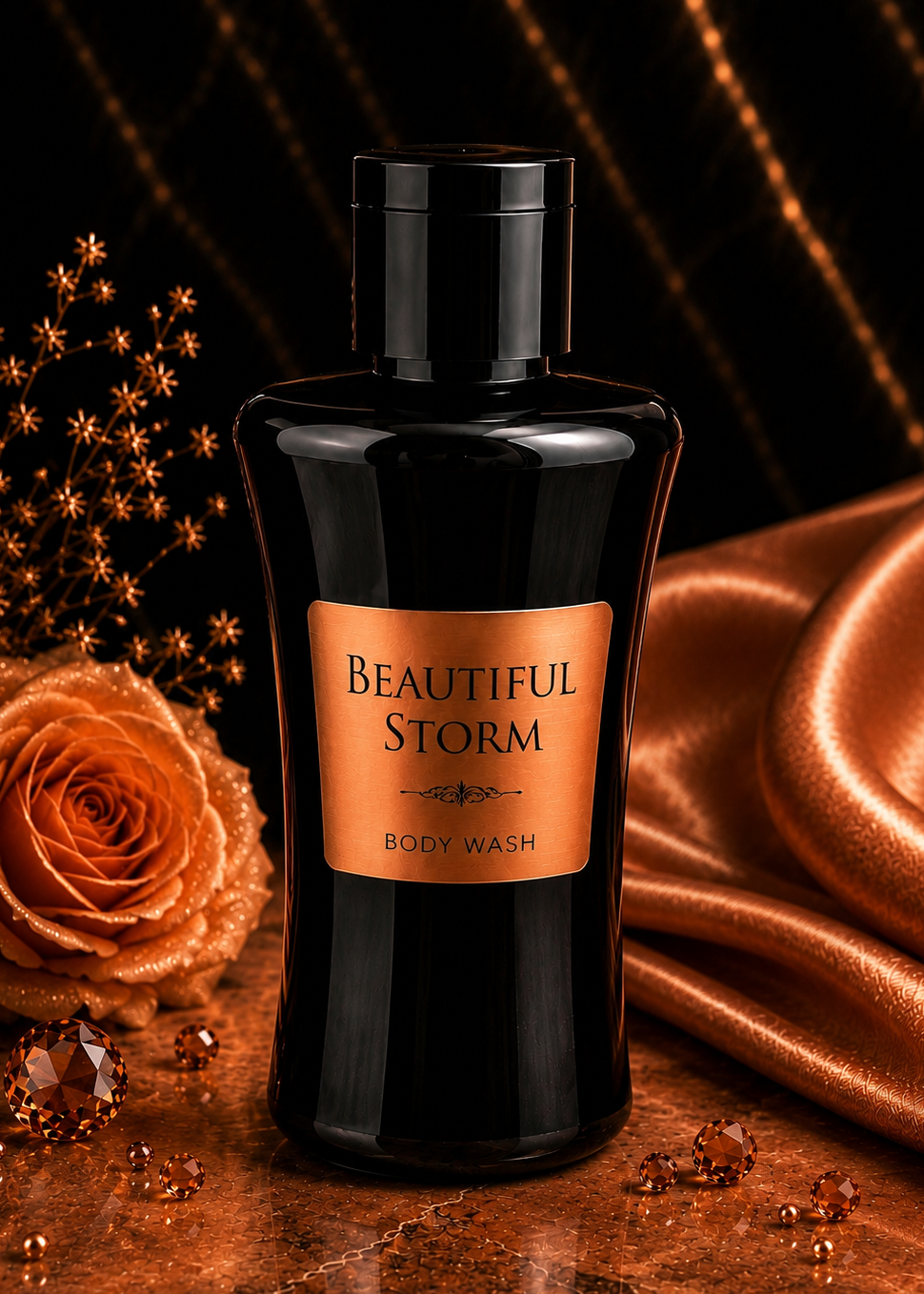 Body wash bottle labeled 'Beautiful Storm' with decorative elements on a dark background