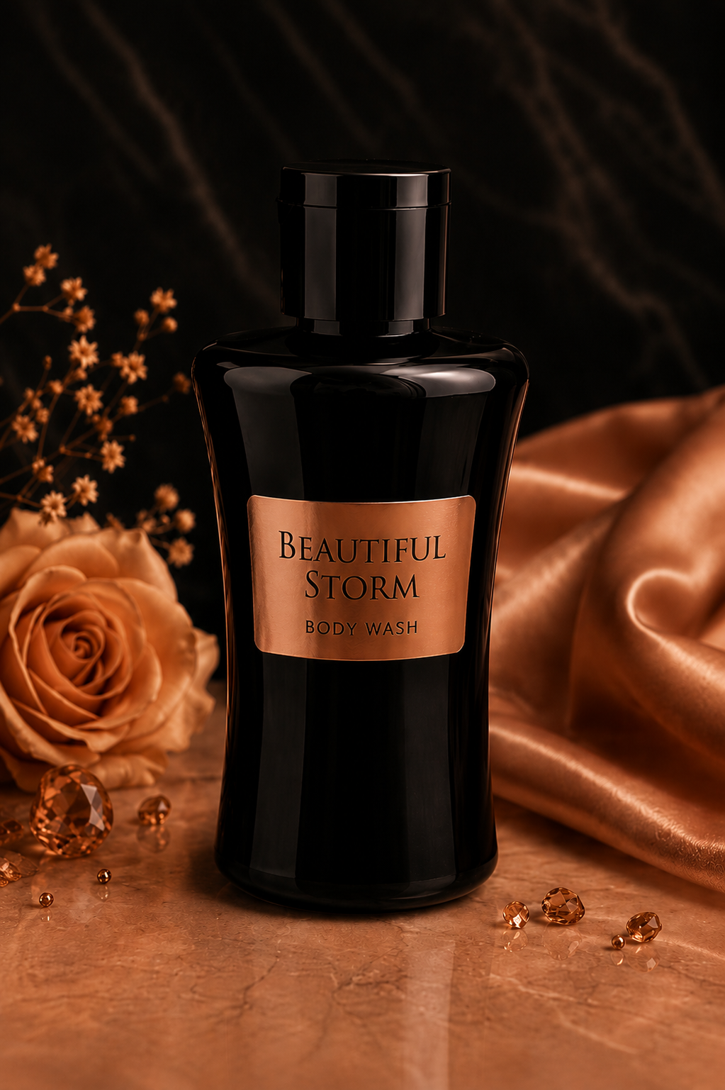 Black body wash bottle labeled 'Beautiful Storm' with roses and satin fabric in the background
