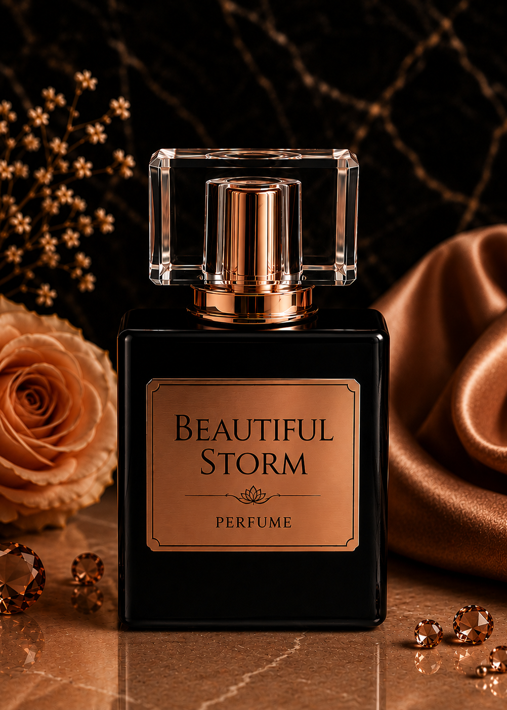 Perfume bottle labeled 'Beautiful Storm' with decorative elements on a reflective surface.
