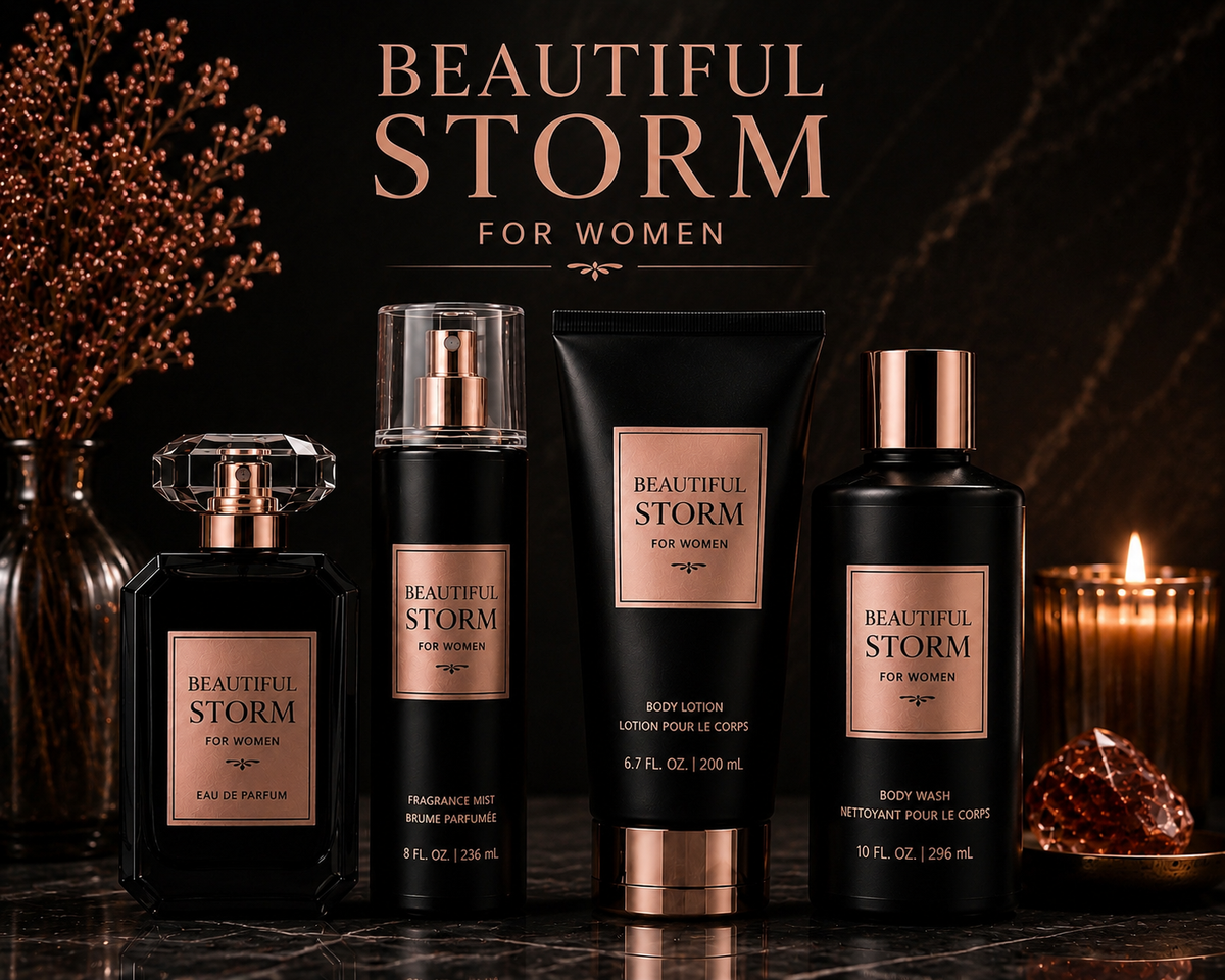 Collection of 'Beautiful Storm' perfume and skincare products on a dark background with decorative elements.