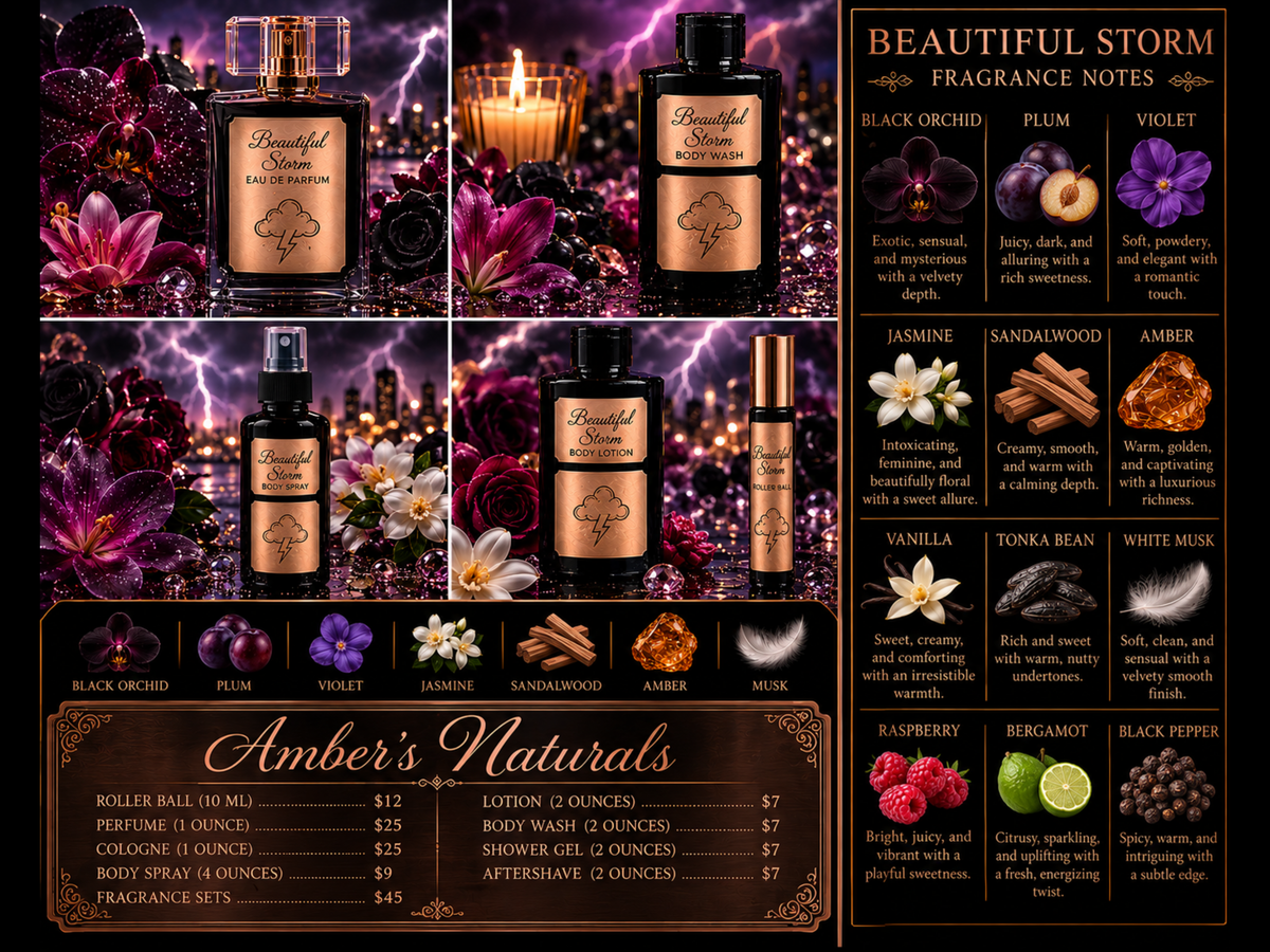Promotional collage for Amber's Naturals Beautiful Storm fragrance collection featuring amber bottles with rose gold caps, purple florals, candles, and scent notes like black orchid and plum.