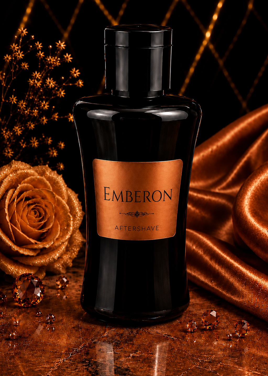 Emberon aftershave bottle on a textured surface with decorative elements
