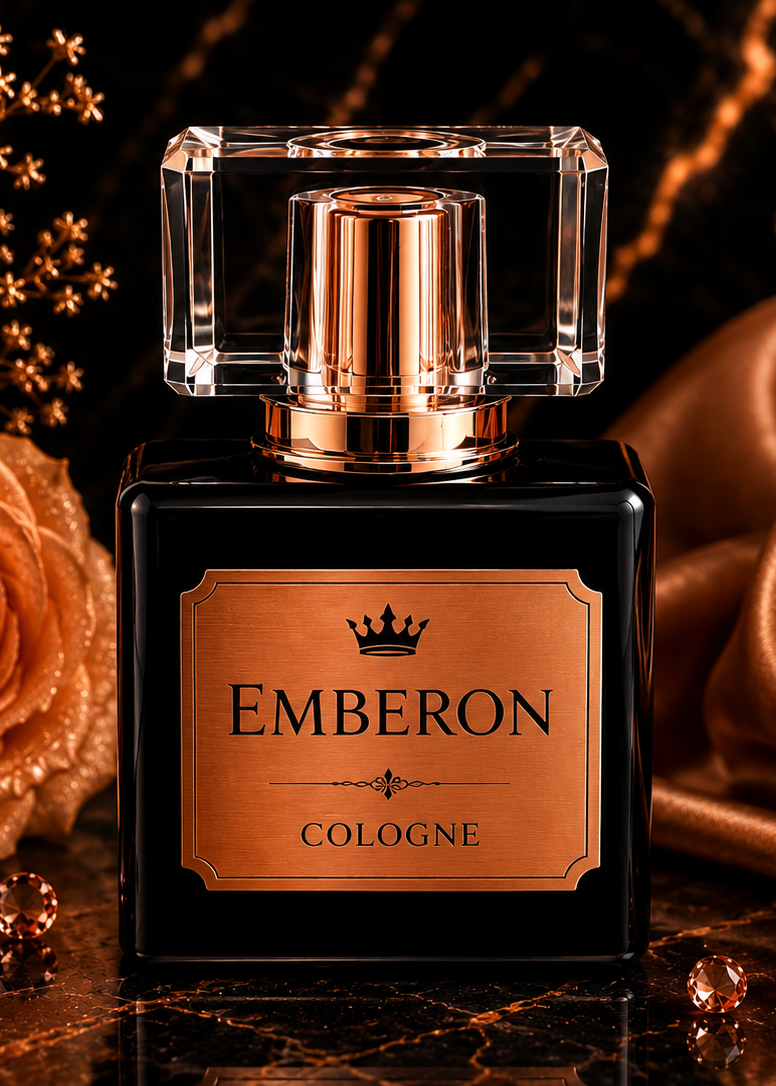 Emberon cologne bottle with decorative flowers and fabric on a dark background