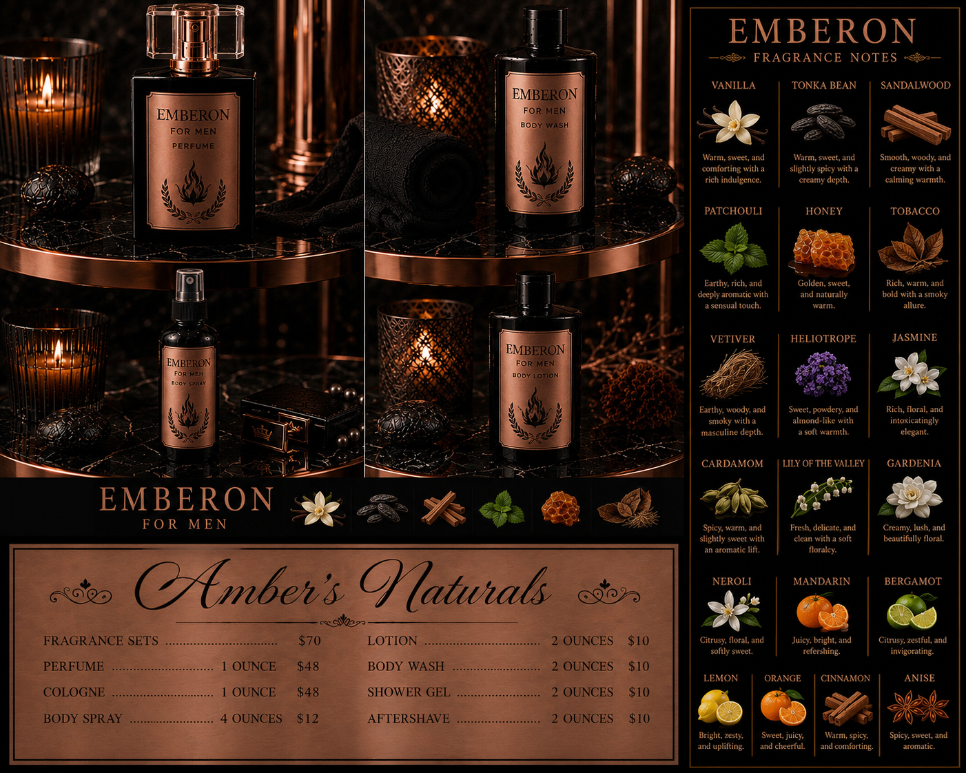 Emberon fragrance products with product details and notes on a dark background