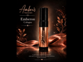 Amber's Naturals Emberon Cologne bottle, a rose gold rollerball with a black cap, set against a dark background with elegant copper-colored drapery and gold leaf accents.