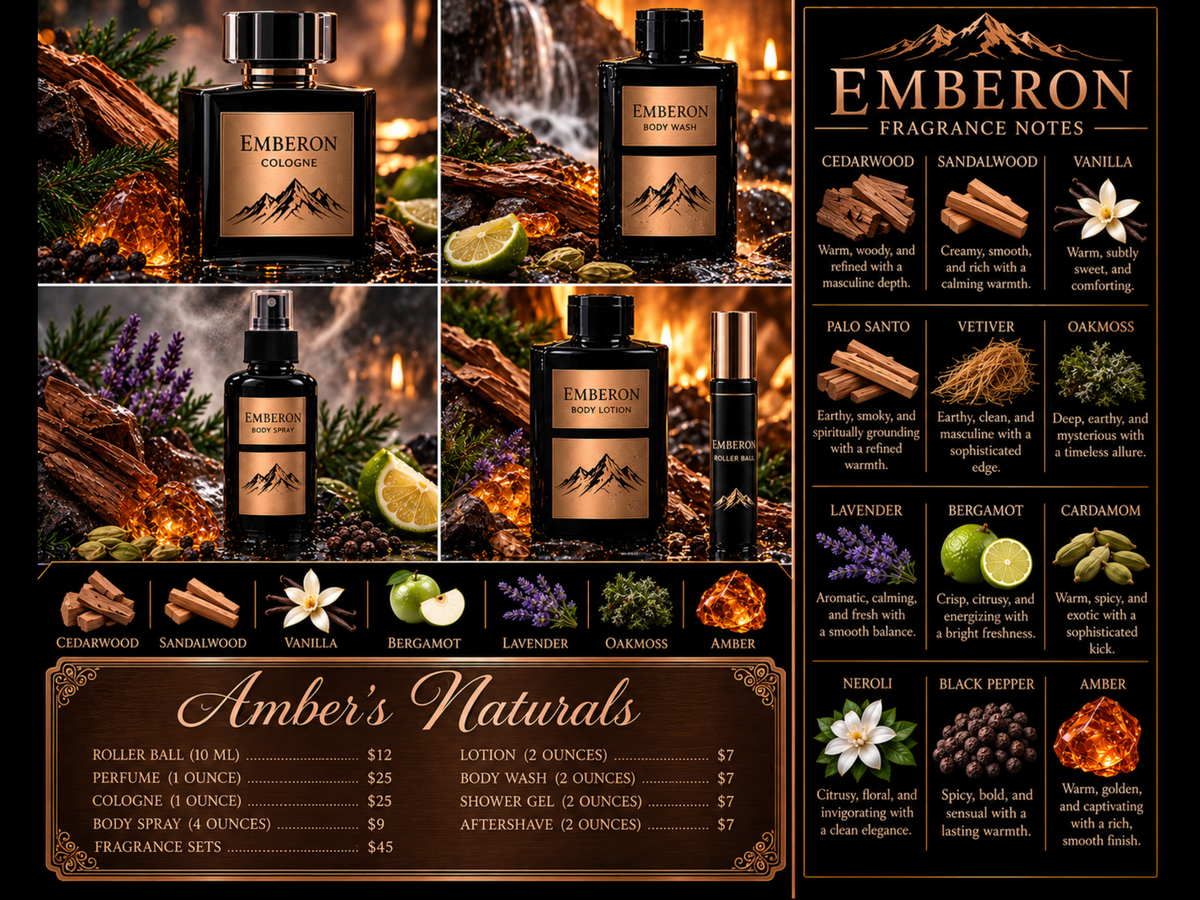 Promotional collage for Amber's Naturals Emberon fragrance set, featuring perfume and body care bottles, scent notes (cedarwood, sandalwood, vanilla, bergamot, lavender, chamomile, oa
