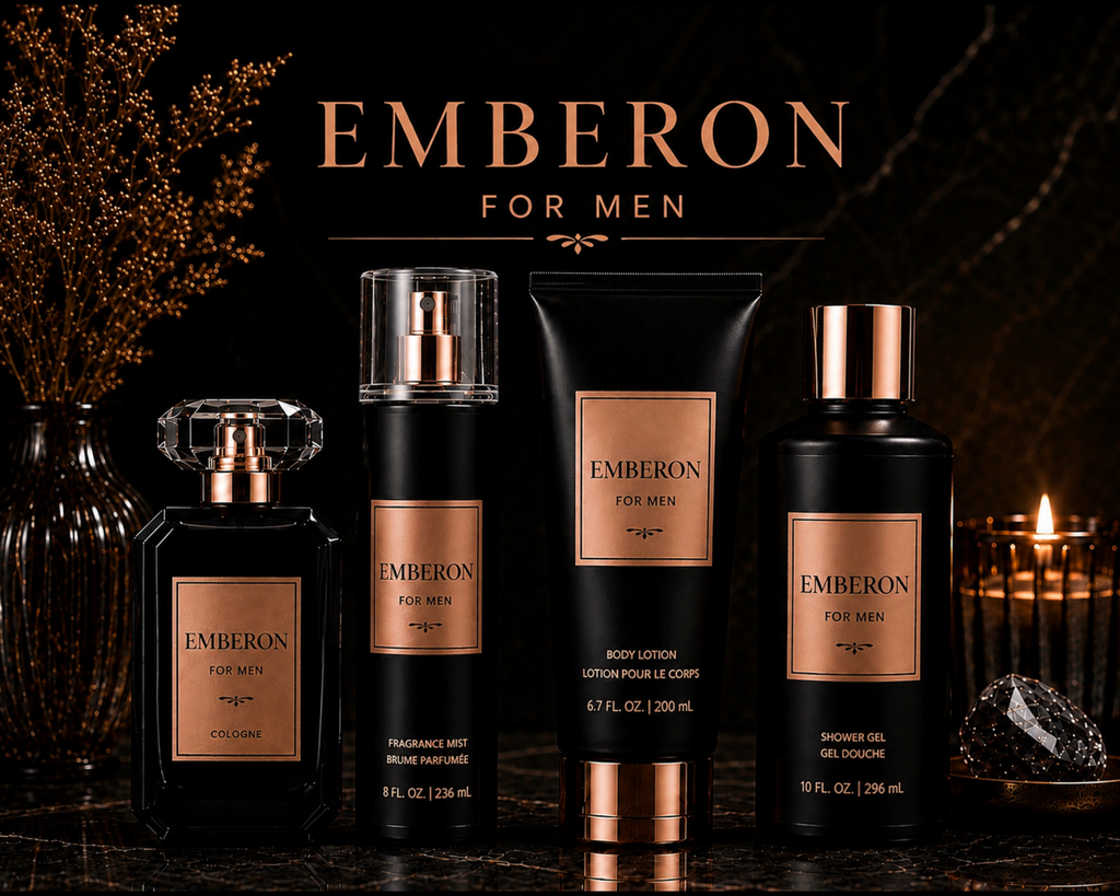 Emberon men's grooming products on a dark background