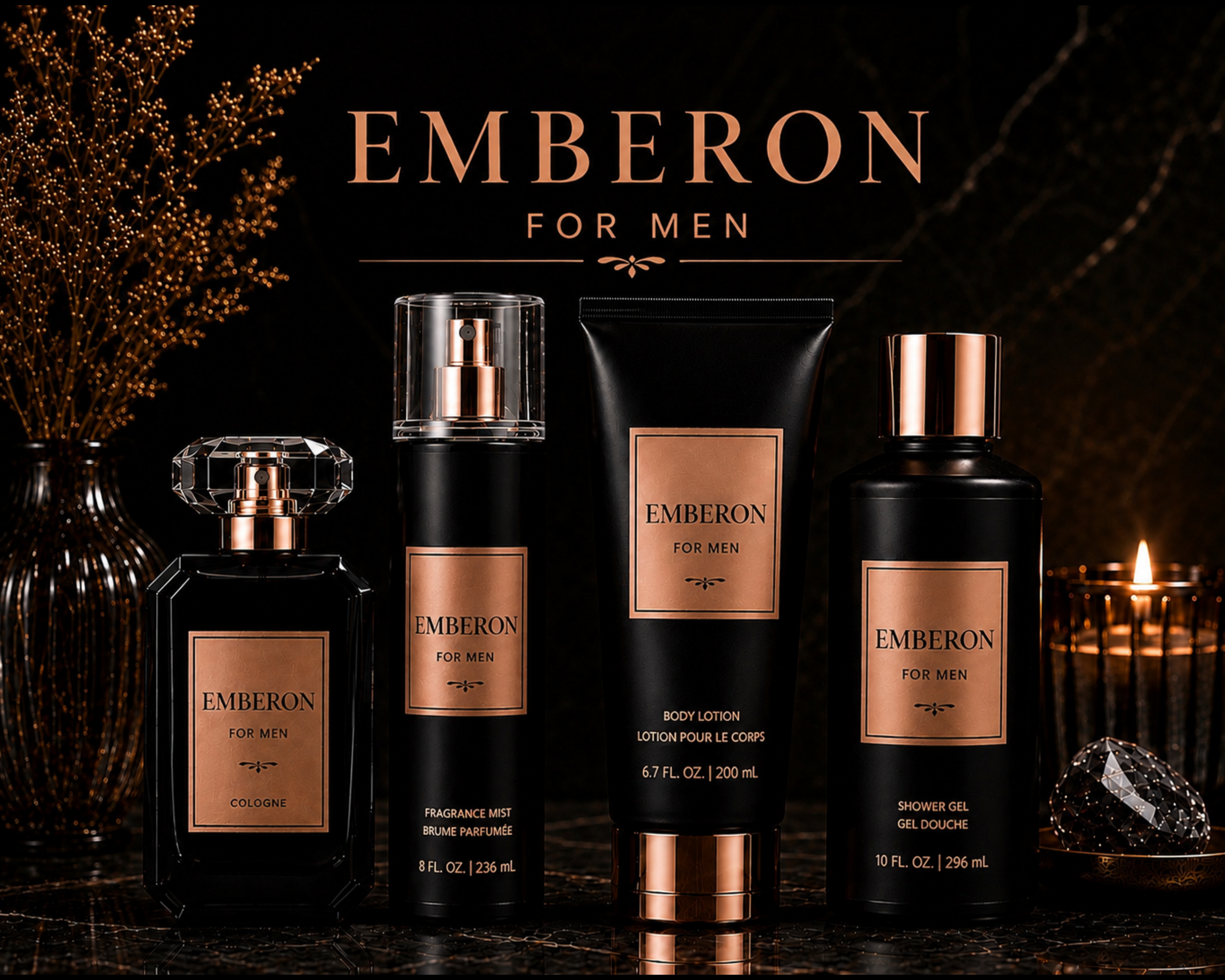 Emberon men's grooming products on a dark background