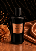 Black bottle of Forever Amber lotion with a rose and satin fabric on a dark background