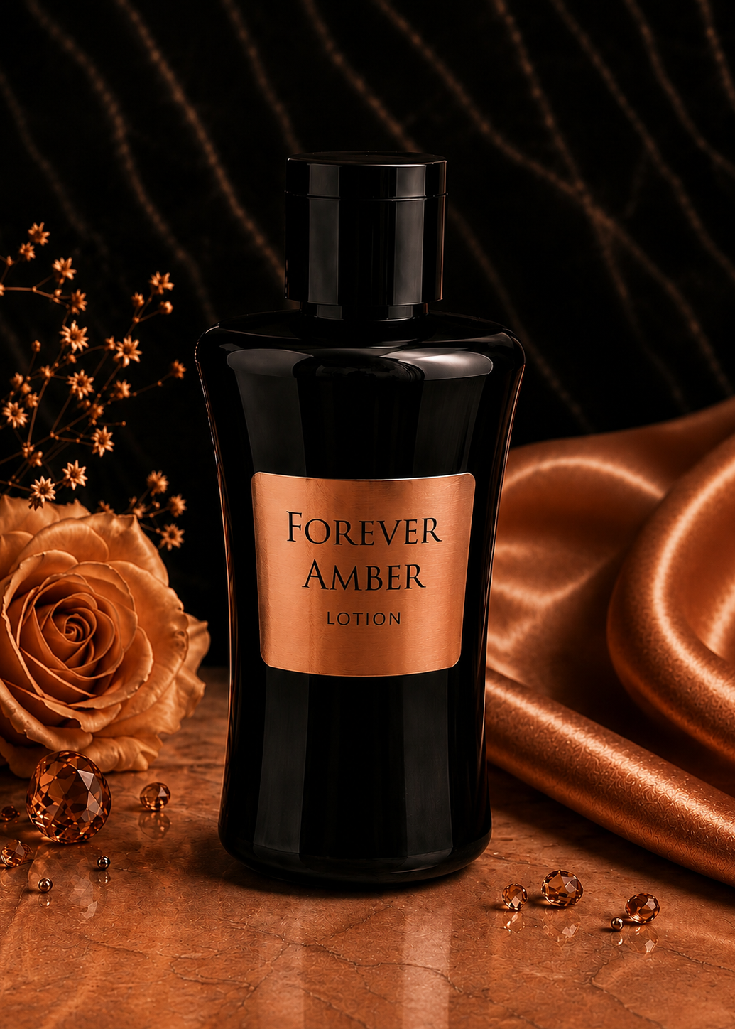 Black bottle of Forever Amber lotion with a rose and satin fabric on a dark background