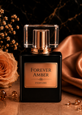 Perfume bottle labeled 'Forever Amber' with decorative elements on a dark background