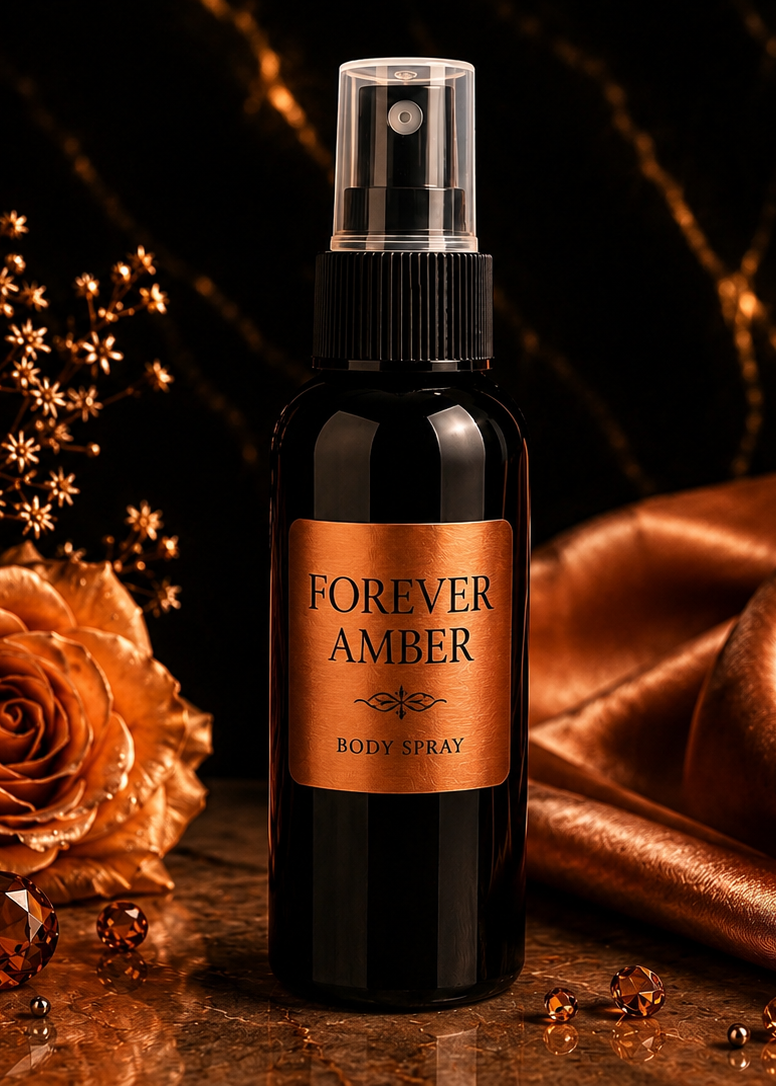 Bottle of Forever Amber body spray with a rose and satin fabric on a dark background