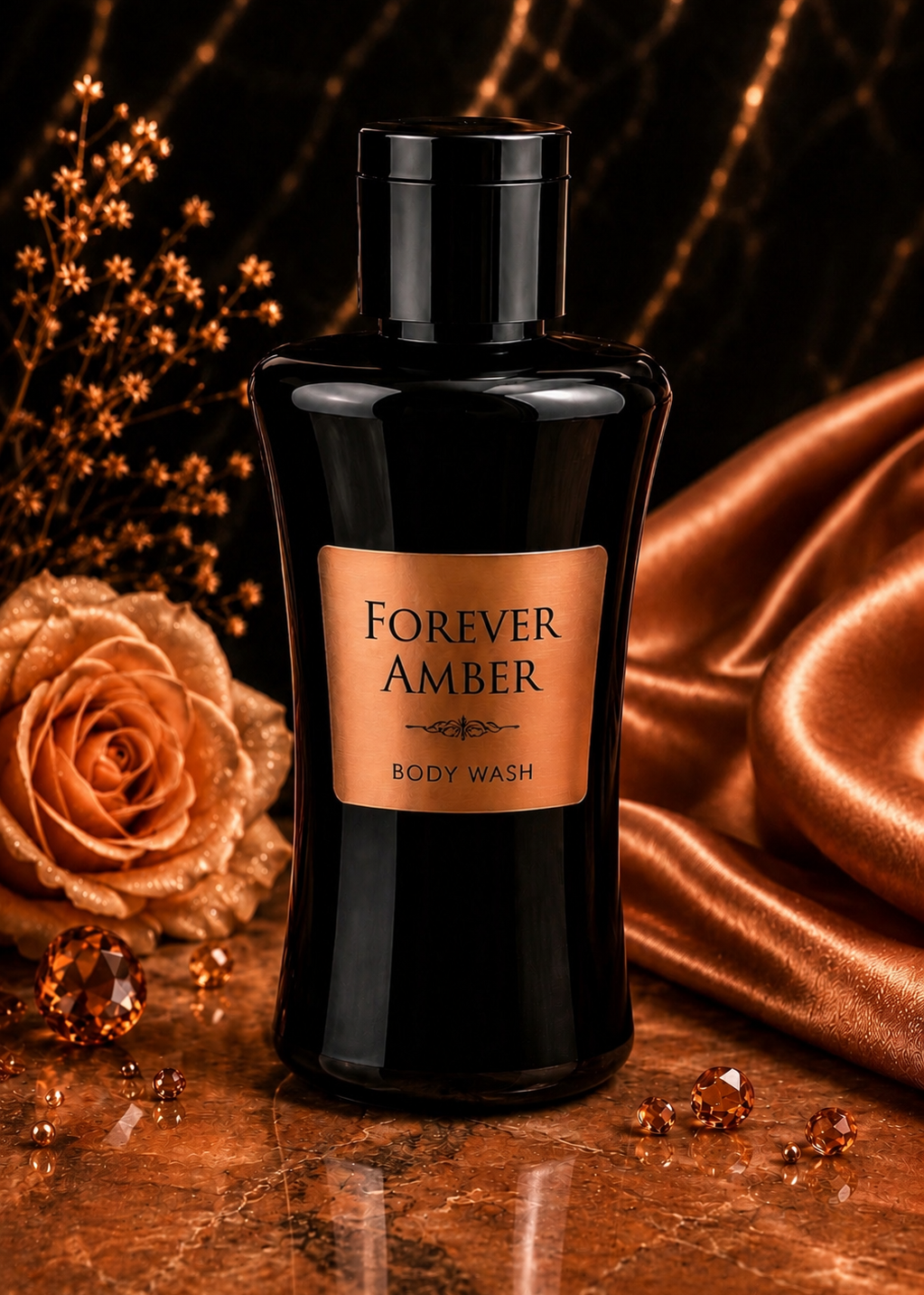 Black bottle of Forever Amber body wash with a rose and satin fabric on a dark background