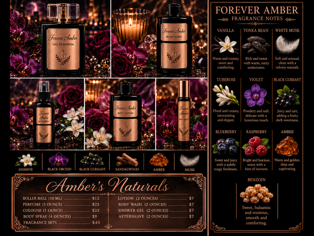 Promotional collage for Amber’s Naturals Forever Amber fragrance set featuring amber-toned body care, rose-gold labels, fragrance notes (vanilla, tonka, musk, tuberose, violet, fruit), and 