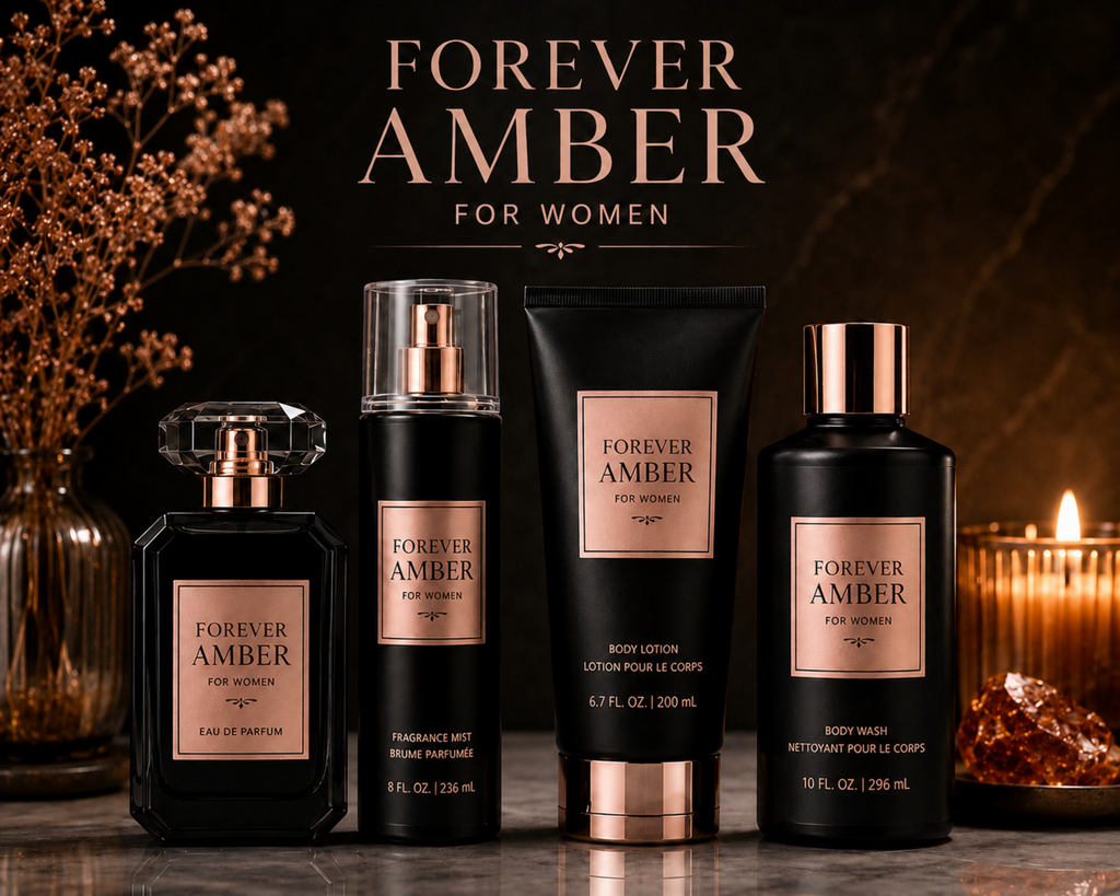 Forever Amber perfume and body care products on a dark background