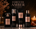 Forever Amber perfume and body care products on a dark background