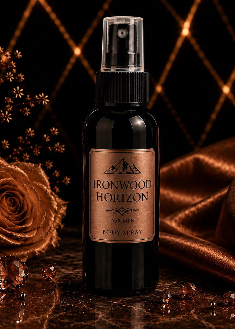 Bottle of Ironwood Horizon Body Spray with a rose and draped fabric on a dark background