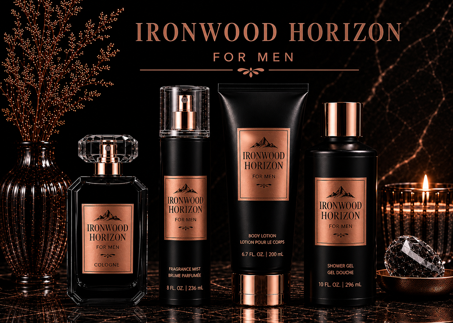 Ironwood Horizon men's grooming products on a dark background with decorative elements.