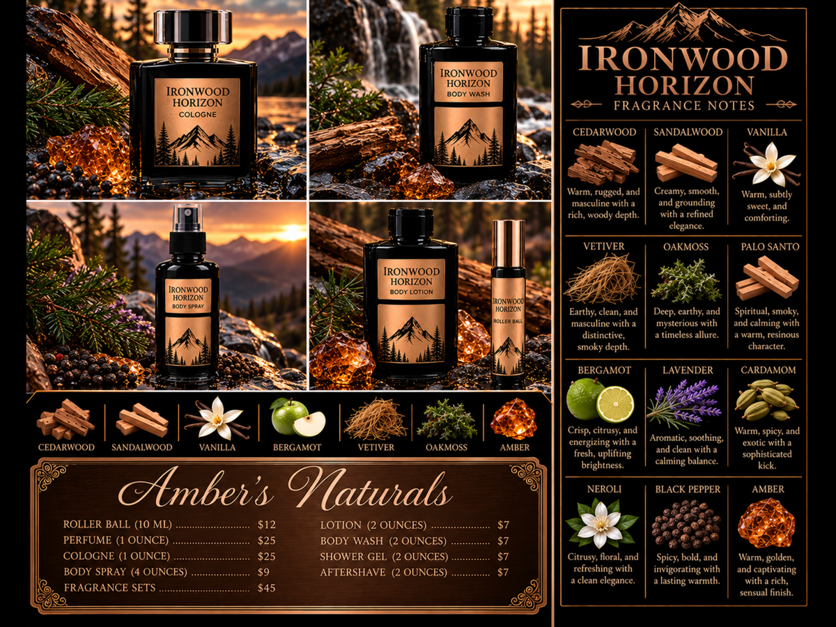 Collage of Ironwood Horizon by Amber's Naturals featuring amber-scented body care, black bottles with gold labels, autumn sunset scenery, fragrance notes chart, and pricing table on a dark background.
