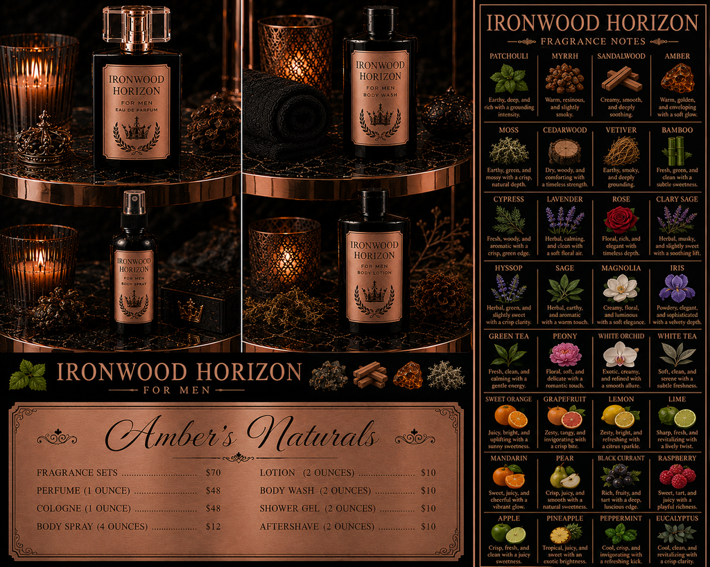Ironwood Horizon fragrance products and information on a dark background