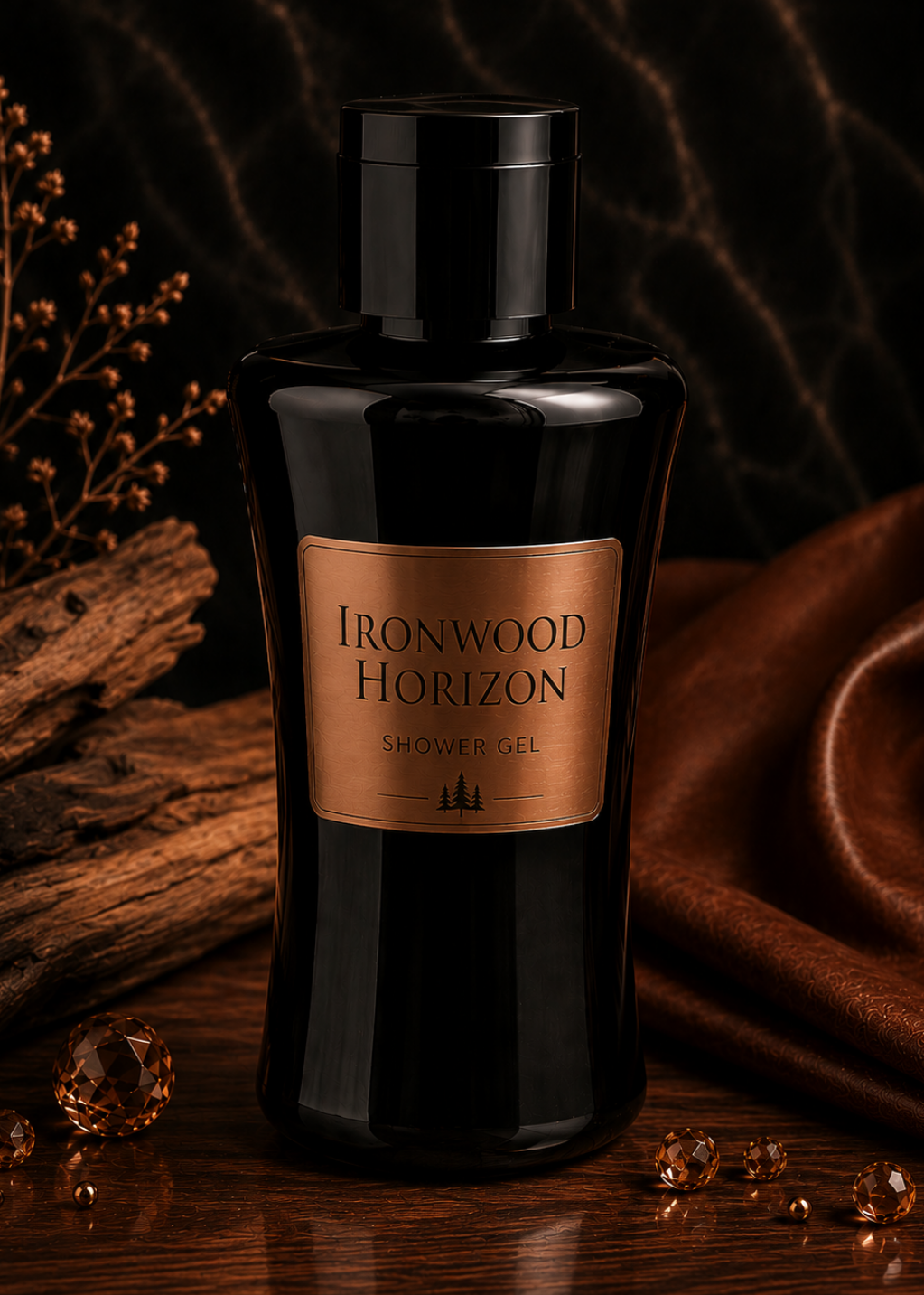 Black bottle of 'Ironwood Horizon' shower gel with a brown label on a dark background.