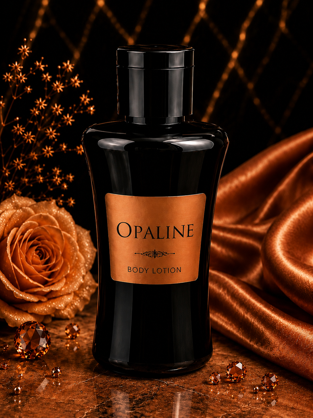 Opaline body lotion bottle with a rose and decorative elements on a dark background