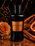 Opaline body lotion bottle with a rose and decorative elements on a dark background