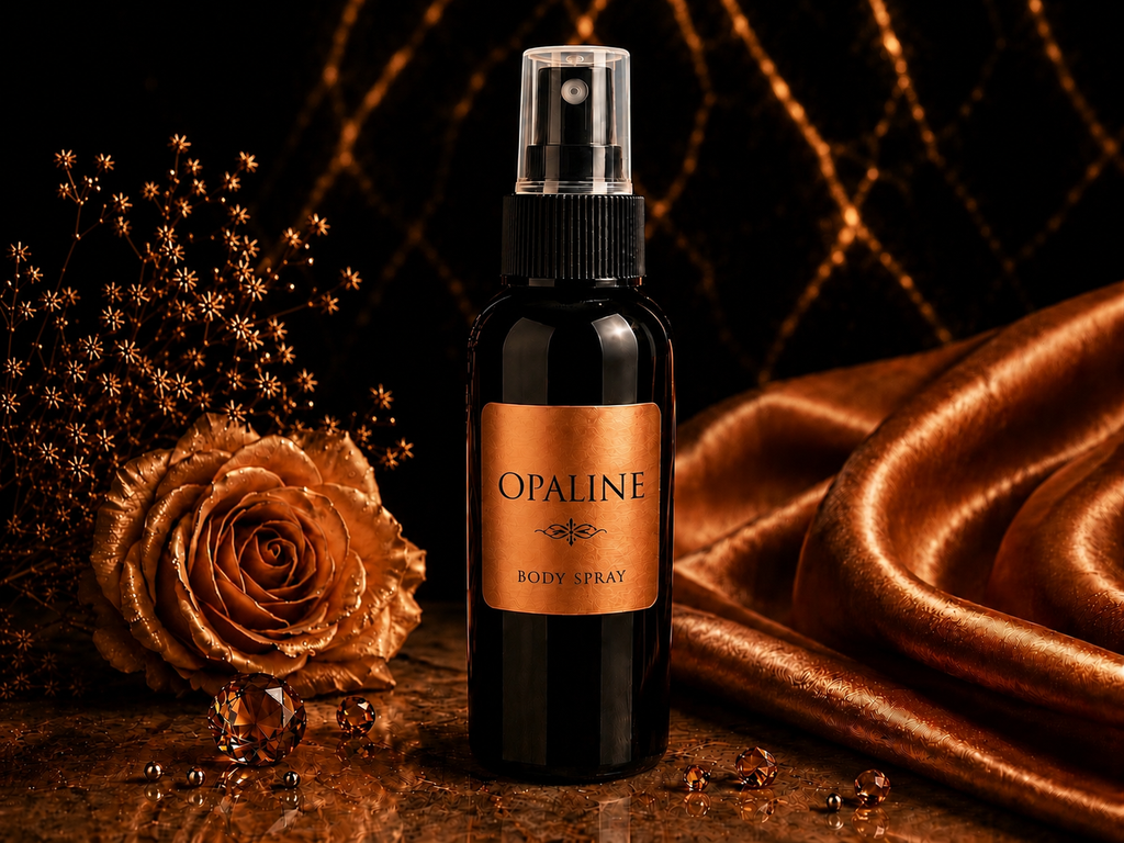 Opaline body spray bottle with a rose and satin fabric on a dark background
