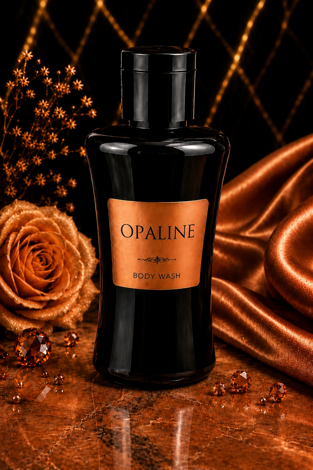 Opaline body wash bottle on a decorative background with flowers and fabric.