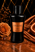 Opaline body wash bottle on a decorative background with flowers and fabric.