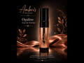 Amber's Naturals Opaline Eau De Parfum roller bottle, featuring a metallic rose gold body and a black cap, set against a dark background with elegant copper-colored leaf graphics and draped satin fabric.