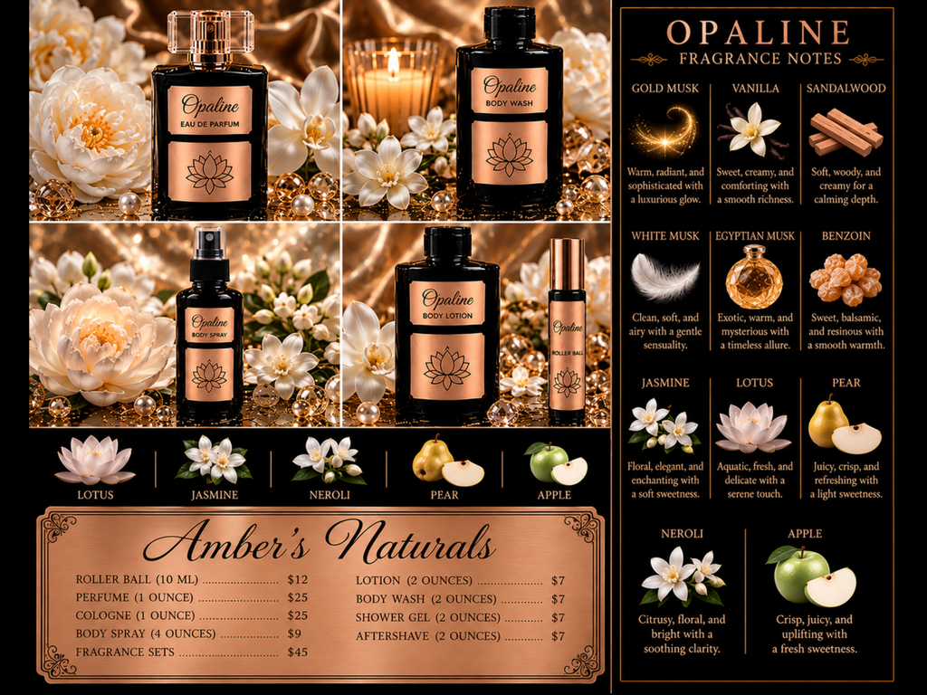 Promotional collage for Amber's Naturals Opaline fragrance collection, featuring perfume bottles, floral accents, candles, scent notes, and a product list on a dark background.