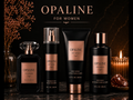 Opaline perfume and body care products on a dark background with decorative elements.
