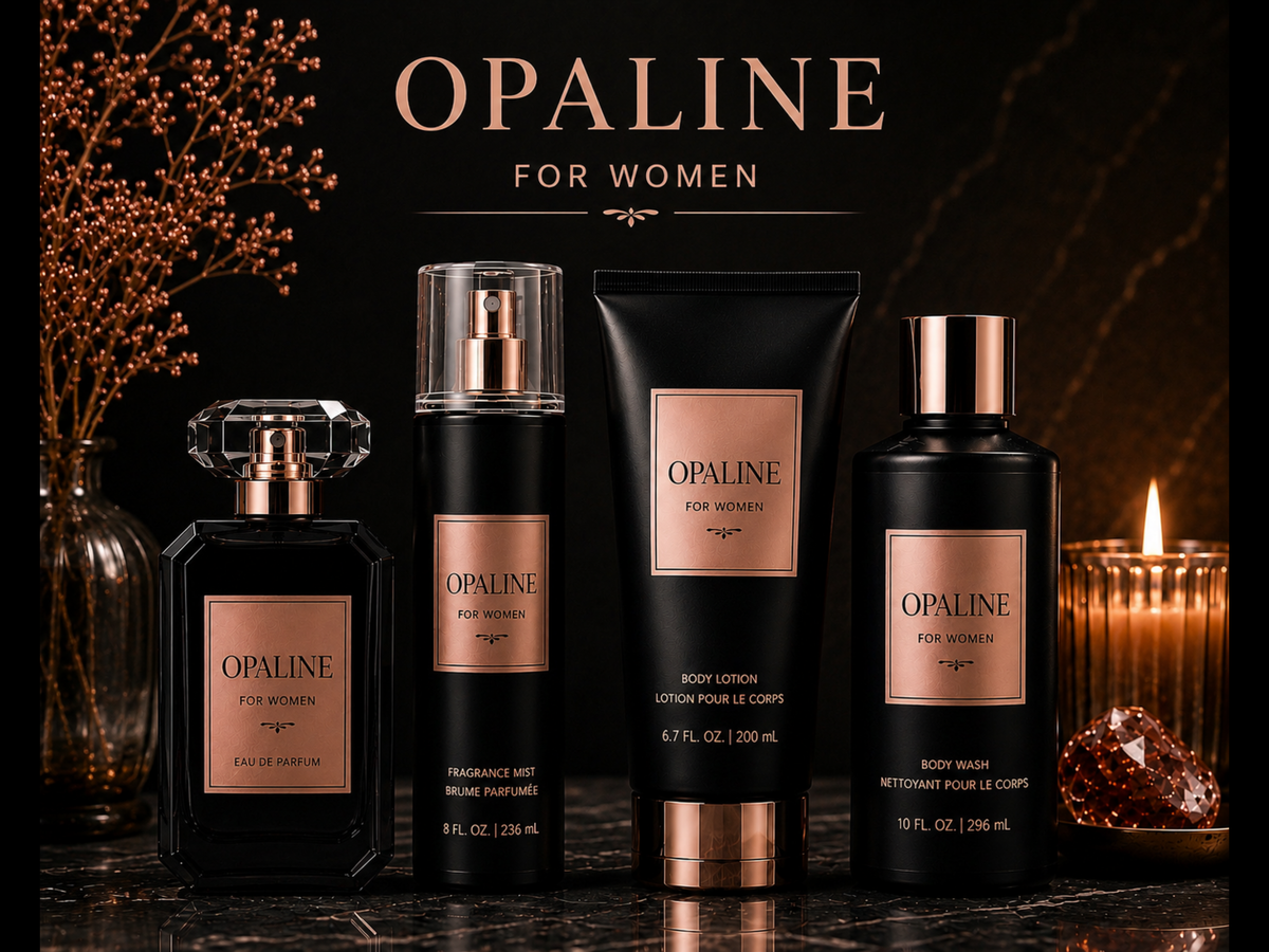 Opaline perfume and body care products on a dark background with decorative elements.