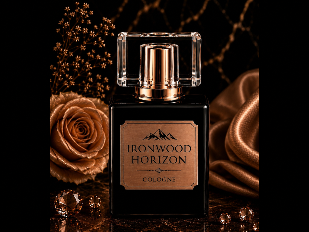 Perfume bottle labeled 'Ironwood Horizon' Cologne with a rose and decorative background