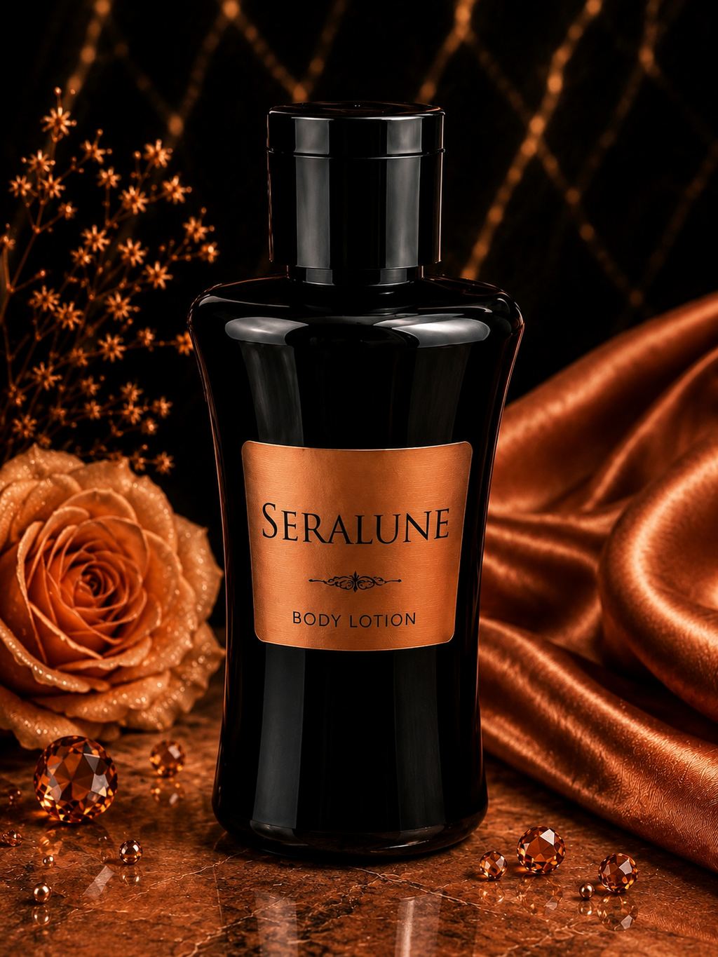 Black Seralune body lotion bottle with a rose and decorative elements on a dark background