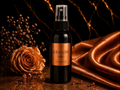 Seralune body spray bottle with a rose and satin fabric on a dark background