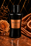 Black bottle of Seralune body wash on a wooden surface with decorative elements.